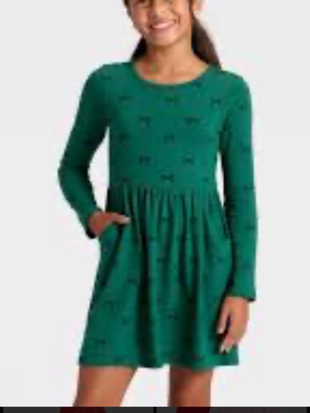 Cat & Jack Teal Long-Sleeve Bow-Print Dress